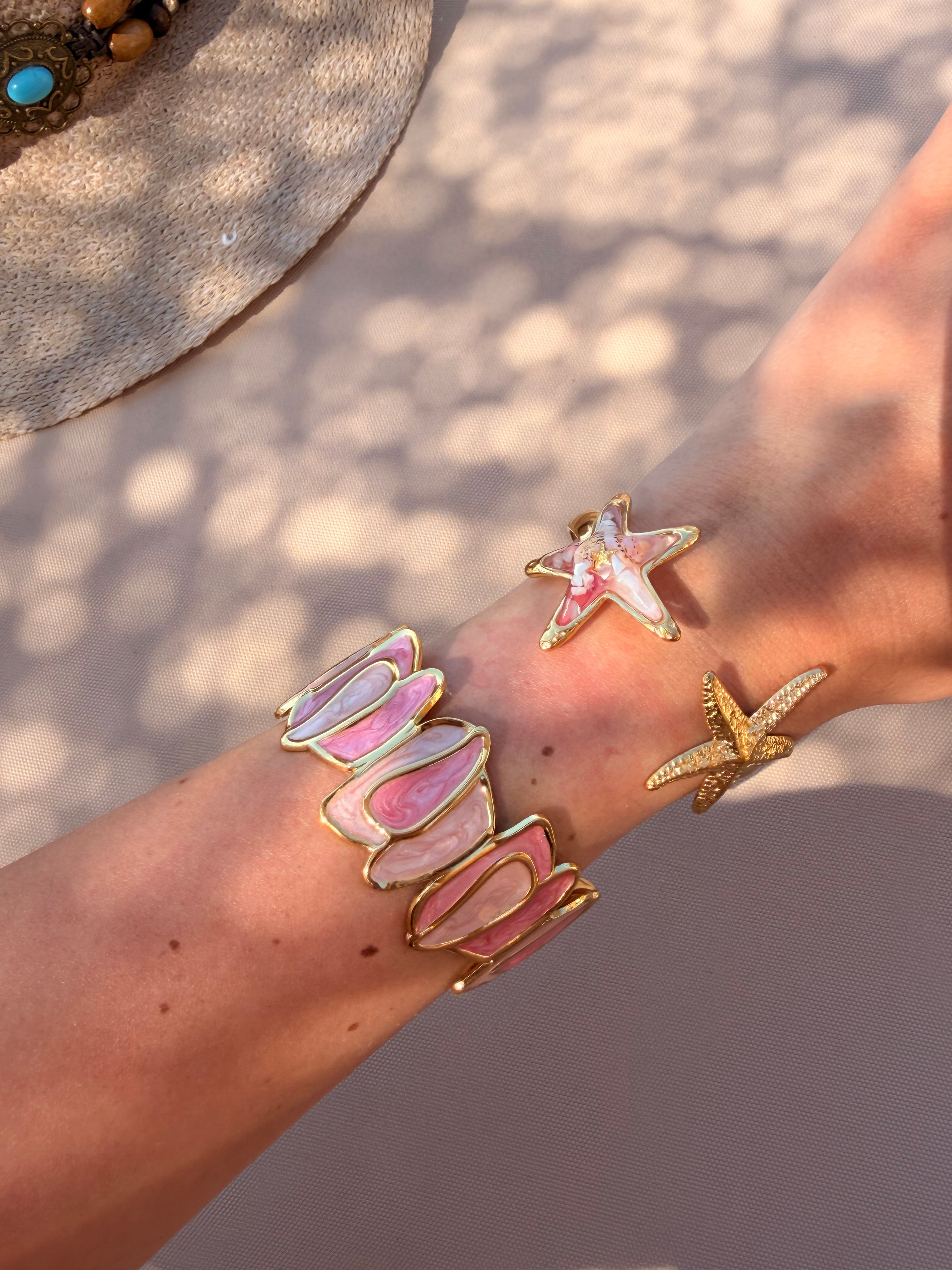 Bracelet Jonc Ajustable Acier Inoxydable Doré Étoiles de Mer: Rose